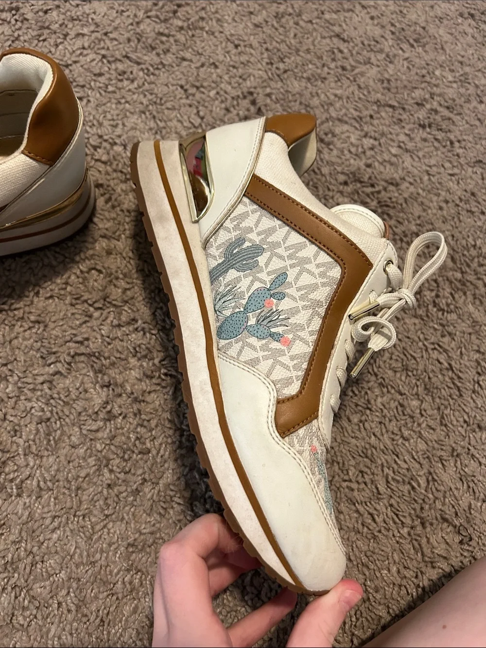 Michael Kors Cream & Brown Logo Sneakers with Floral Accents